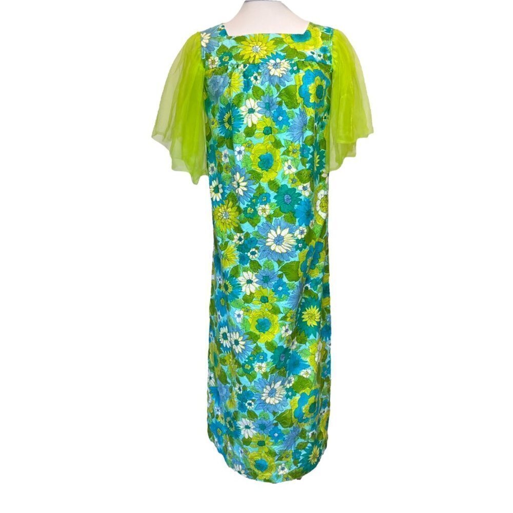 Vintage 60s 70s Mod Maxi Dress Empire Waist Tulle Net Sleeves Hand Made SMALL